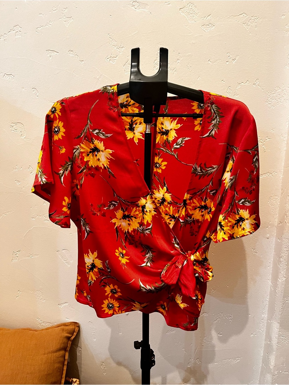 Express Pink and yellow Floral Wrap Short Sleeve Top